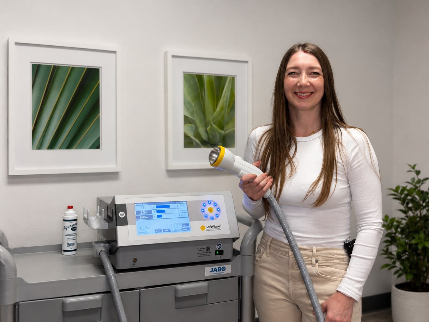 Smiling therapist holding a SoftWave therapy device beside a medical treatment machine in a modern wellness clinic