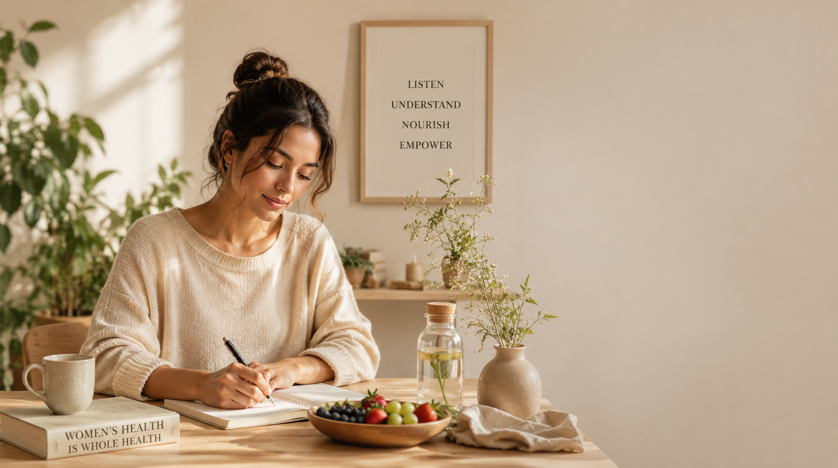 Woman writing in a wellness journal beside fresh fruit and water, representing holistic health, nutrition, self-care, and women's wellness.