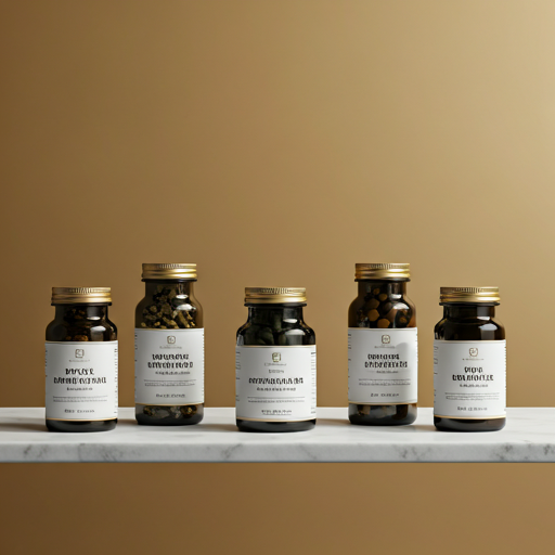 Premium herbal supplement bottles displayed on a shelf, representing natural wellness products and holistic health support.